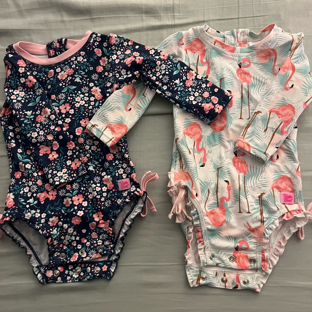 RuffleButts Floral and Flamingo Rash Guard One Piece Swimsuits